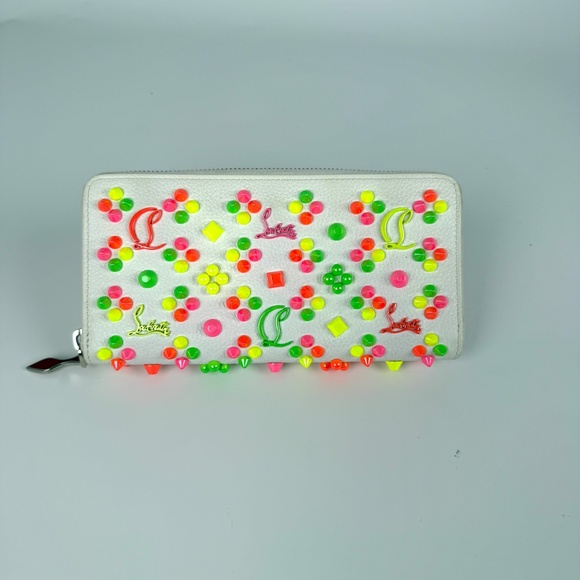 Sold Christian Louboutin Panettone Spike Loubinthesky White Leather Neon Wallet - Picture 3 of 10
